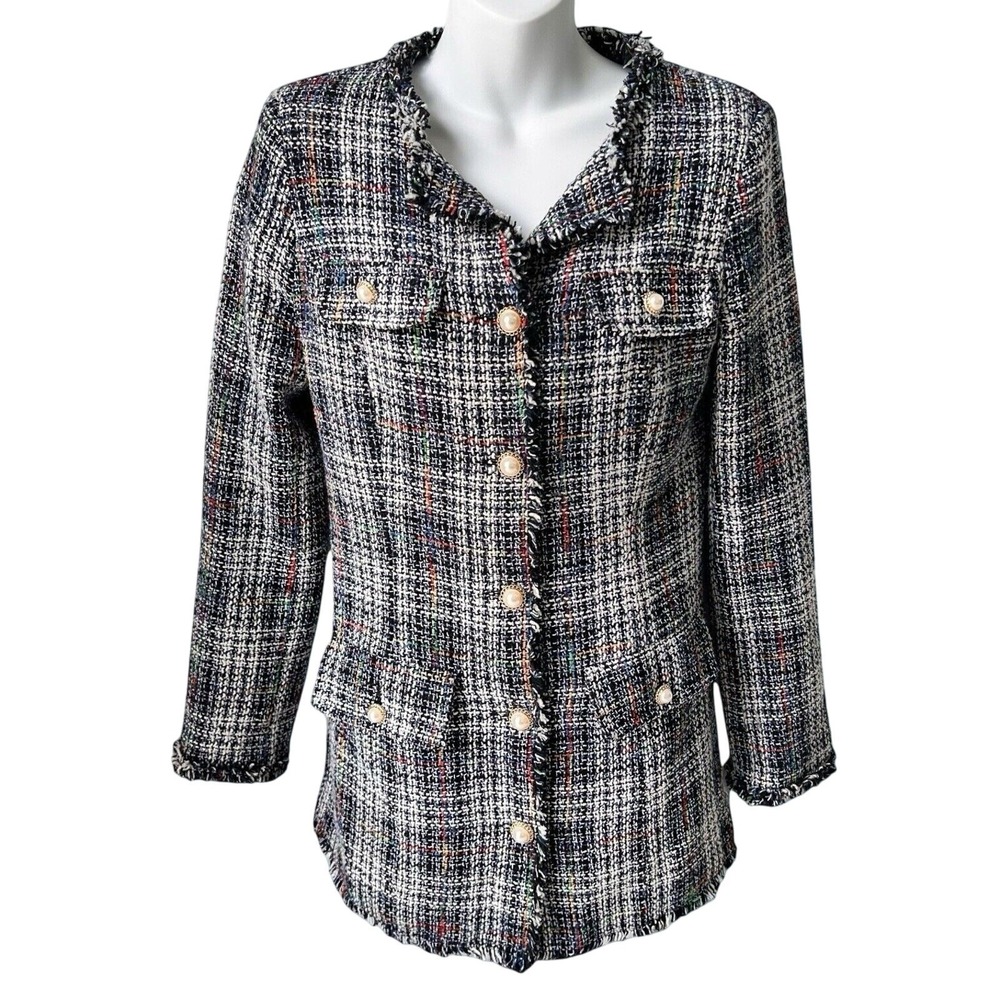 Jealous Tomato Womens Tweed Blazer Jacket Small Multi Pearl Button Frayed Fringe